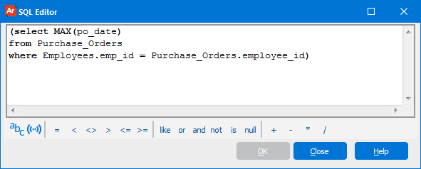 This shows the SQL Editor containing the sub query.